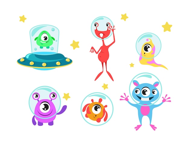 Vector set of colorful aliens in cartoon style vector illustration of interesting aliens in an aquarium helmet and ufo on white background