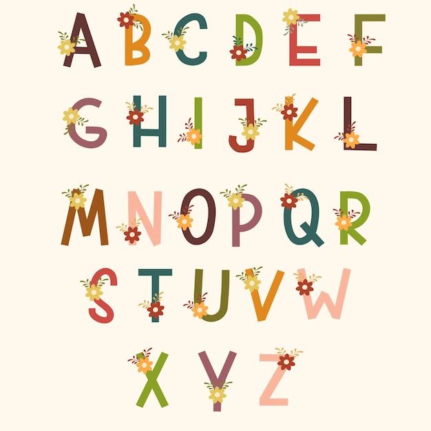 Set of colorful alphabet with flower doodles