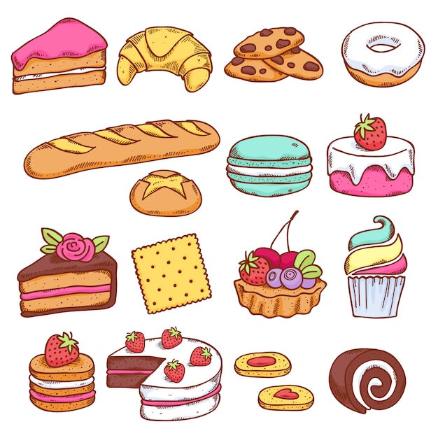 Set of colorful bakery icons in hand drawn style. Sweet food.