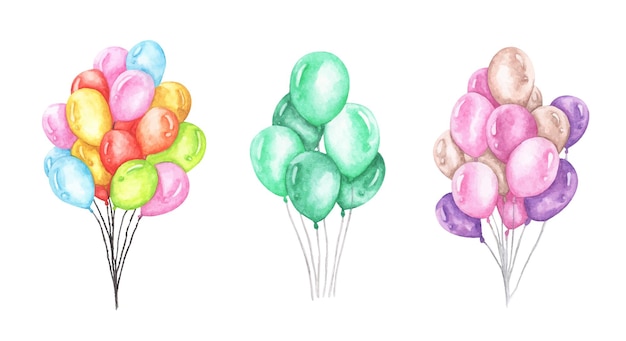 Set of colorful balloons. Watercolor illustration.