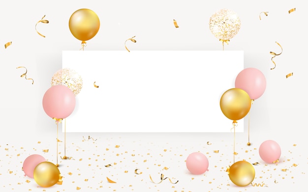 Set of colorful balloons with confetti and empty space for text. Celebrate a birthday, Poster, banner happy anniversary. Realistic decorative design elements. Festive background with helium balloons