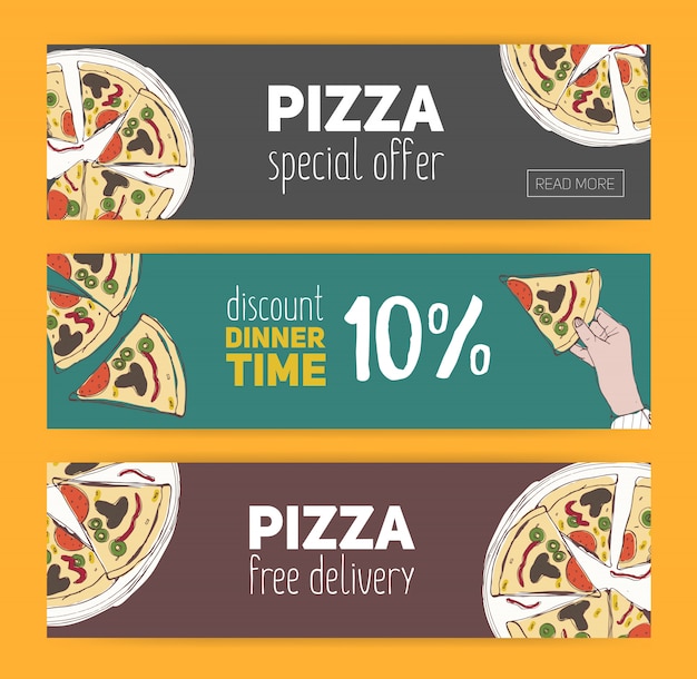 Vector set of colorful banner templates with hand drawn pizza cut into slices. special offer, dinner time discount and free meal. illustration for italian restaurant, pizzeria, delivery service.