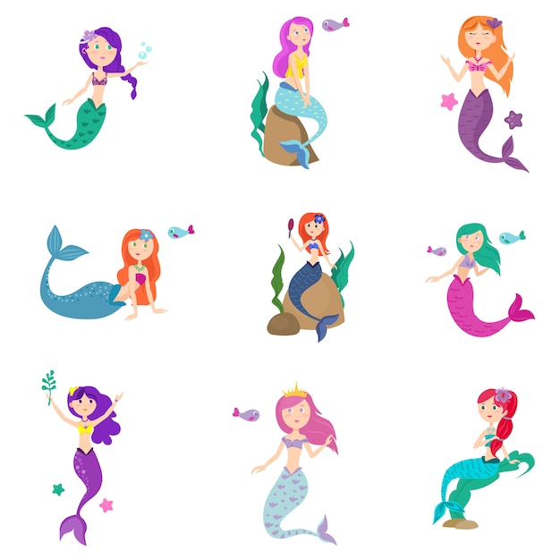 Vector set of colorful beautiful sea mermaid in different position