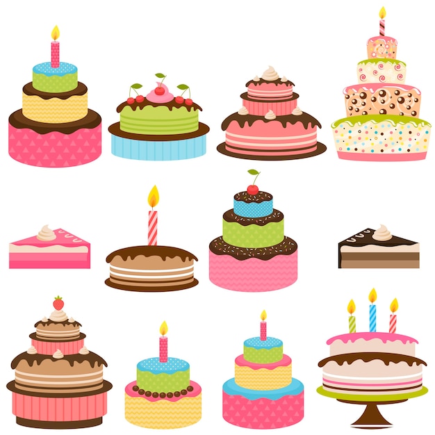 Set of colorful birthday cakes