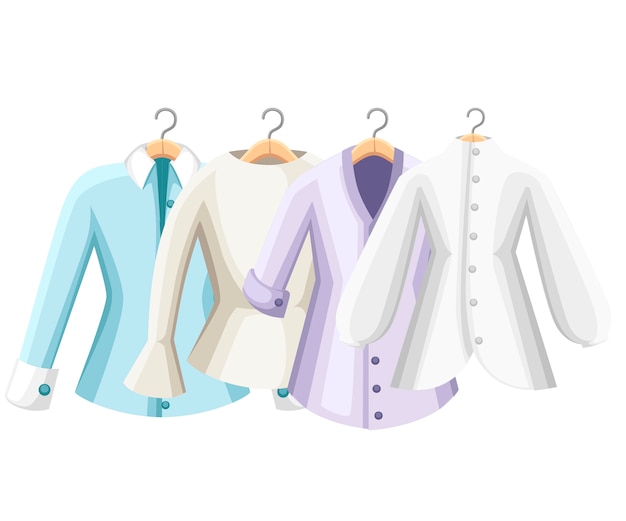 Vector set of colorful blouses. collection of women blouse. clothes on hangers.  illustration  on white background