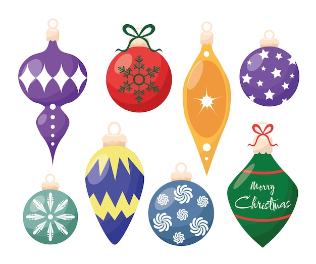 Set of colorful bright Christmas toys on the Christmas tree isolated on a white background