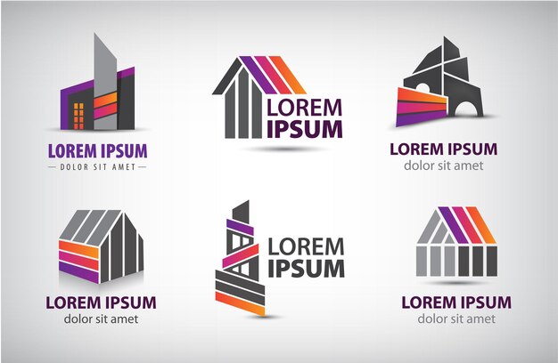 Set of colorful buildings, houses logos.