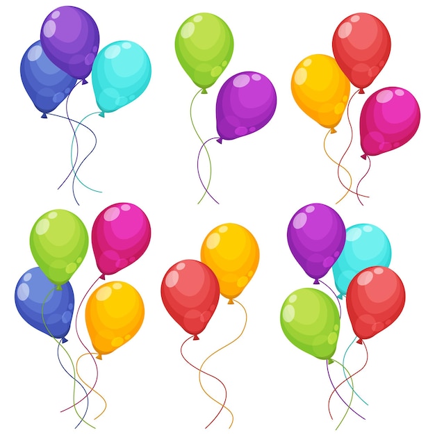 Vector set of colorful bunches of birthday balloons flying for party and celebration