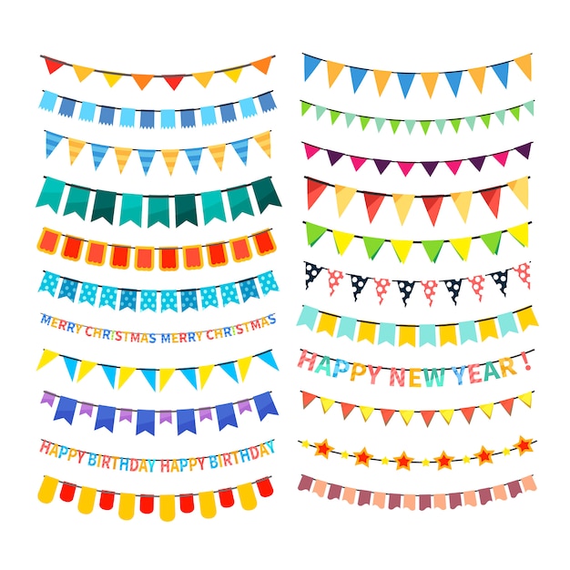 Set of colorful bunting and garlands isolated on white