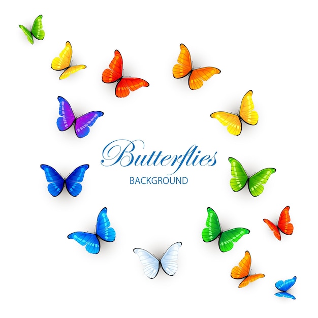 Set of colorful butterflies arranged in a circle and in the corners isolated on white background illustration