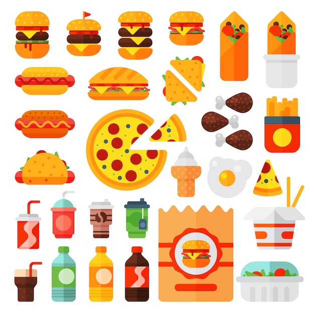 Set of colorful cartoon fast food icons isolated restaurant tasty american cheeseburger meat and unhealthy burger meal.