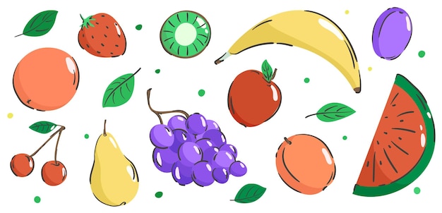 Set of colorful cartoon fruit icons Vector illustration isolated on white