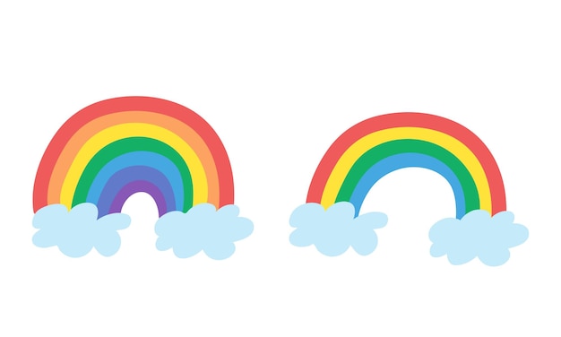 Set of colorful cartoon rainbows 7 colors and 4 colors with clouds clipart flat vector cartoon style