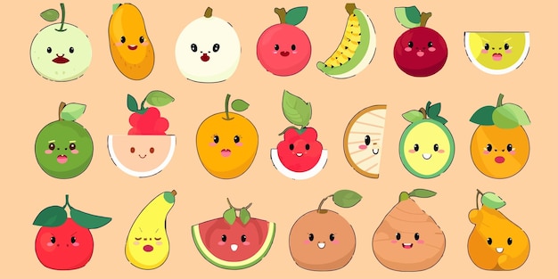 Set of colorful cartoon smiling fruit icons apple pear strawberry banana watermelon pineapple orange