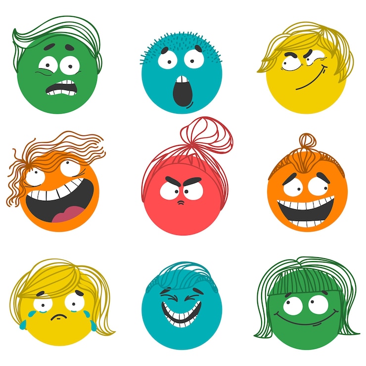Vector set of colorful characters with different hairs. round comic faces with various emotions.  cartoon style. flat design. hand drawn trendy vector illustration.