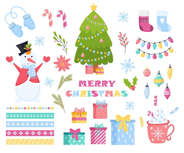 Set of colorful christmas characters and decorations