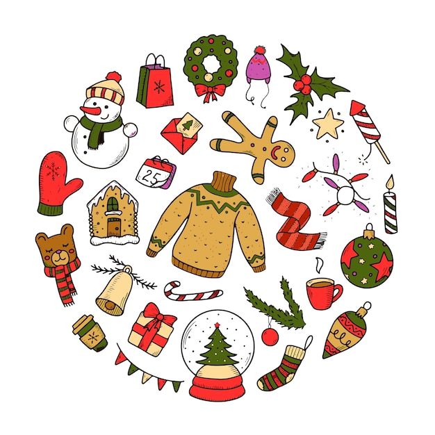 Vector set of colorful christmas doodles