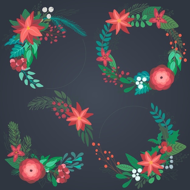 Set of colorful christmas floral wreaths with winter flowers branches berries