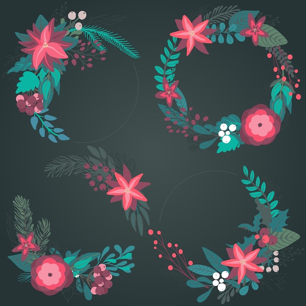 Set of colorful christmas floral wreaths with winter flowers branches berries