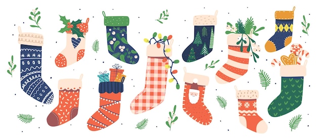 Vector set colorful christmas socks isolated on white background. winter collection of stockings with sweets, xmas holiday element, present in scandinavian style, winter funny . cartoon vector illustration