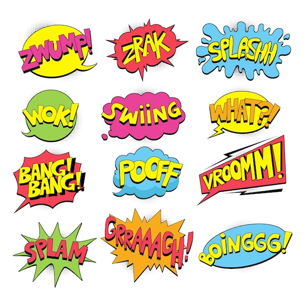 Set of colorful comic speech bubbles pop art style, different shapes with halftone shadows.