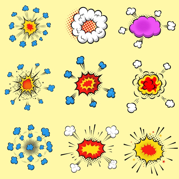 Набор красочных взрывов в стиле комиксов. элемент для плаката, карты, флаера, баннера. образ