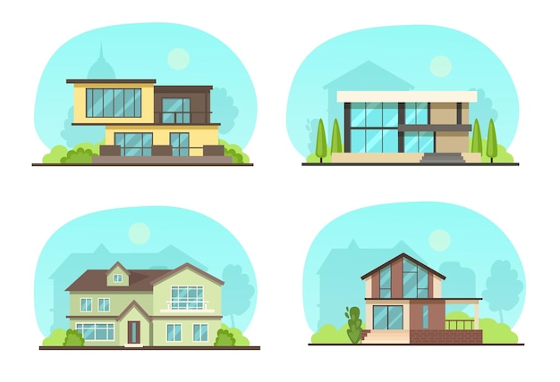 Set colorful country town houses with roof, suburban cottages, guest house, mansion, townhouse, house brick, buildings. Facade apartment house. Real Estate vector illustration isolated.