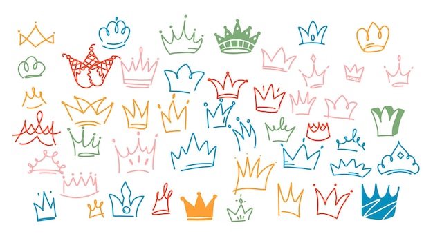 Vector set of colorful crownshaped doodles on an isolated white background