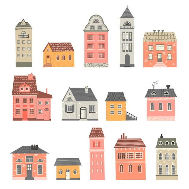 Набор красочных милых домов в плоском стиле Иллюстрация городских зданий в плоском стиле Клипарт различных домов на белом фоне Вектор