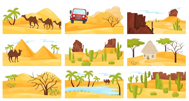 Set di colorati paesaggi desertici con cammelli, montagne rocciose, piramidi e auto. design piatto