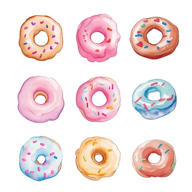 Set of colorful donuts isolated on white background Watercolor illustration