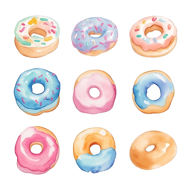 Набор красочных пончиков на белом фоне Акварельная иллюстрация