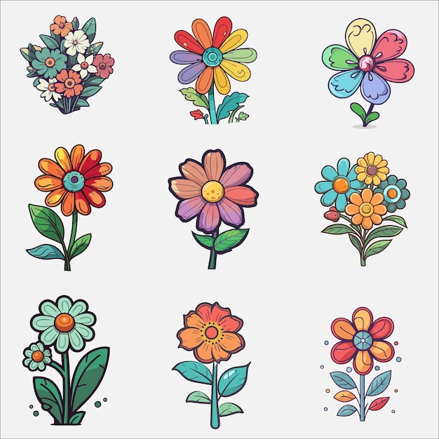 Set of colorful doodle flowers and leaves Vector illustration