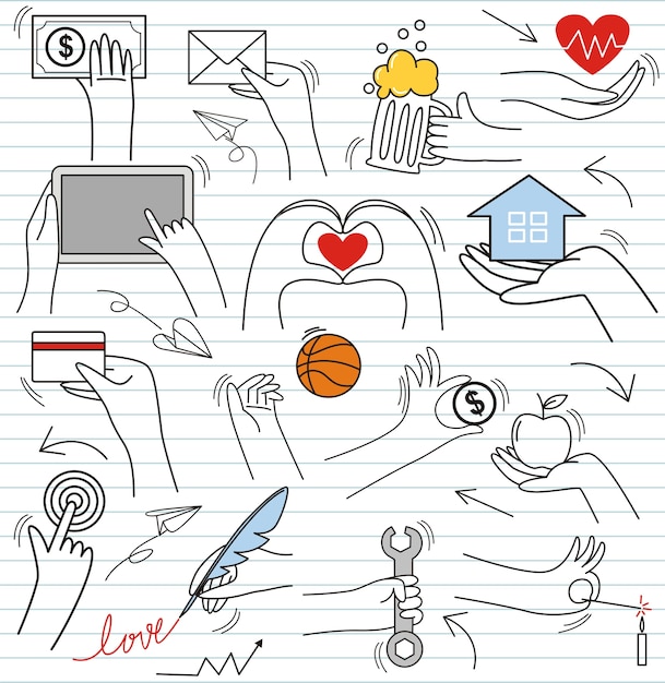 Insieme di doodle variopinto su fondo di carta. elementi di gesti di mano di scarabocchio