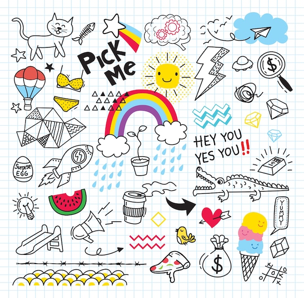 Set of colorful doodle on paper background