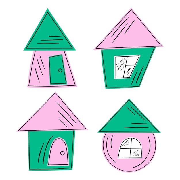 Set of colorful doodle rural houses