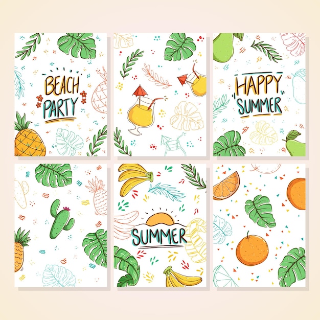 set of colorful doodle summer cards Beautiful summer posters with pineapple orange fruit banana cactus banana leaves and hand written text