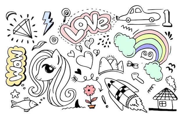 Vector set of colorful doodle on white backgroundkids doodlevector illustration