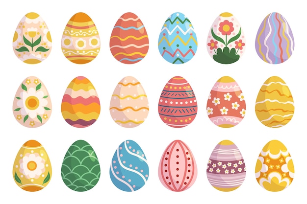 복잡한 디자인과 패턴이 있는 다채로운 부활절 달걀 세트 부활절 정신의 즐겁고 축제적인 아이콘