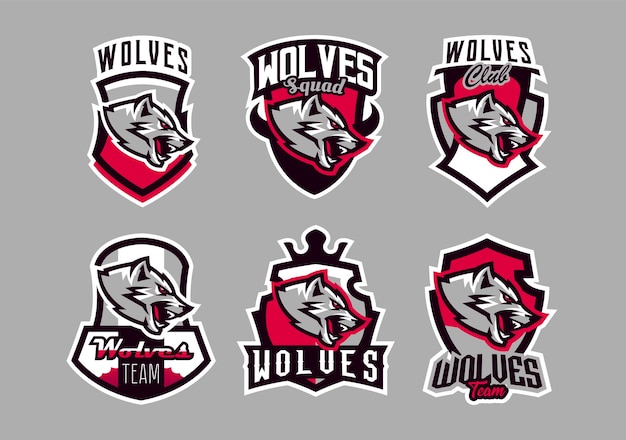 A set of colorful emblems logos snarling wolf An aggressive predator an animal from the forest a dangerous beast a head a mascot Sport Identity Tshirt printing vector illustration