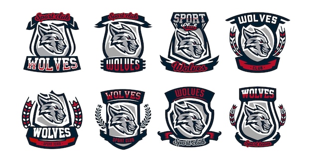 Set of colorful emblems logos stickers aggressive wolf ready to attack grin growling predator vector illustration font sporty style printing on tshirts