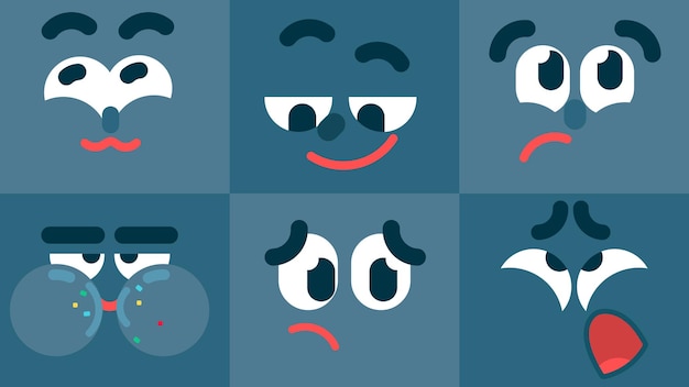 Vector set of colorful emoticons, smiling, eating, sad, bored, confident, shy character face expressions