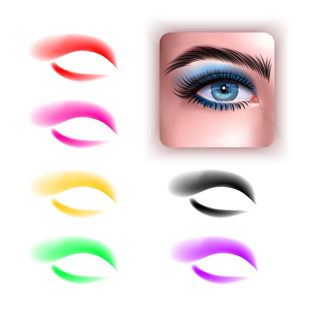 Vector set of colorful eyeshadows and realistic eye