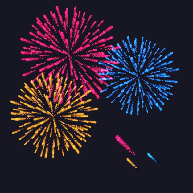 Set di esplosione di fuochi d'artificio colorati su sfondo scuro