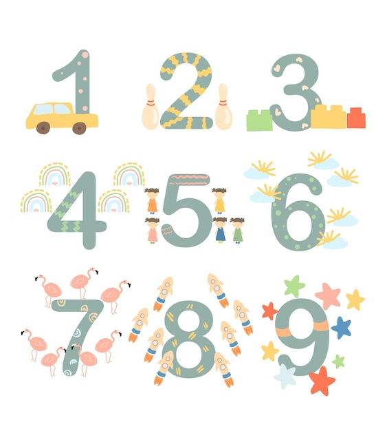 Vector set of colorful flat numbers with patternsdesign elements for childrens room