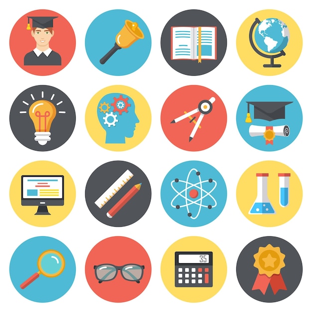 Vector set of colorful flat school and education icons