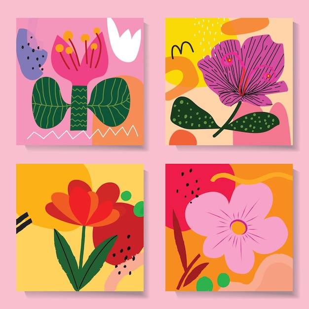 Set of colorful floral flowers and leaves hand drawn in retro style vector illustration background