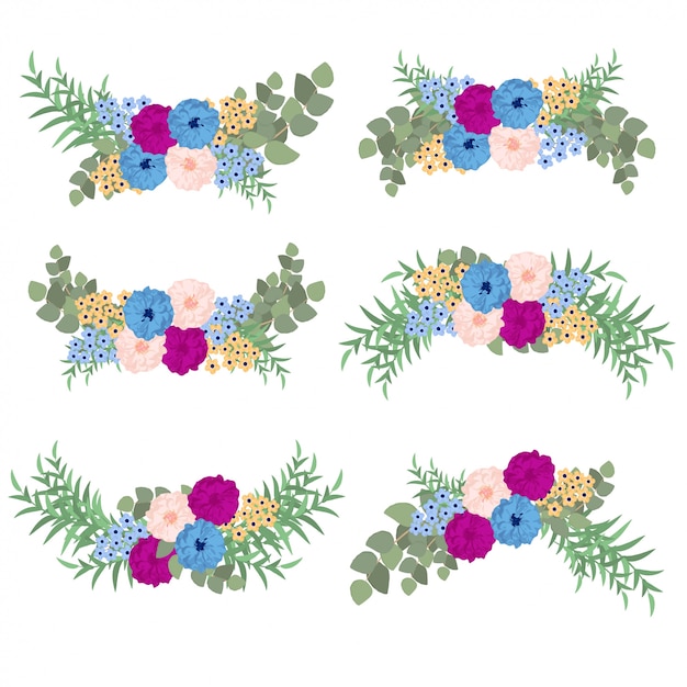 Vector set of colorful flower bouquet with eucalyptus and greenery