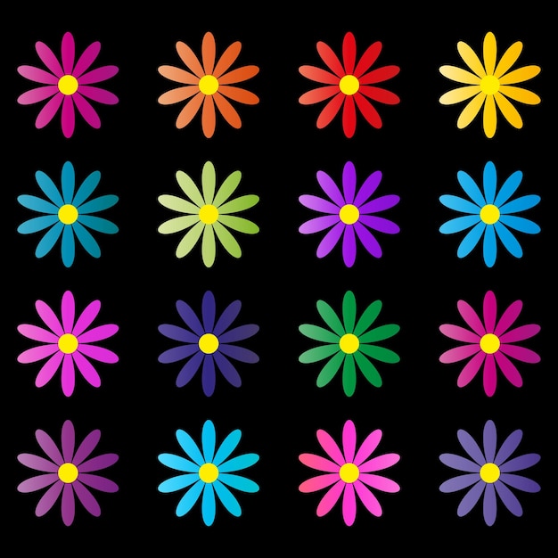 Set of colorful flowers on black background