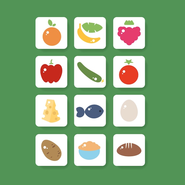 Set of colorful fruit and vegetable square button icons for app healthy nutrition Vector illustration Colorful outline web elements